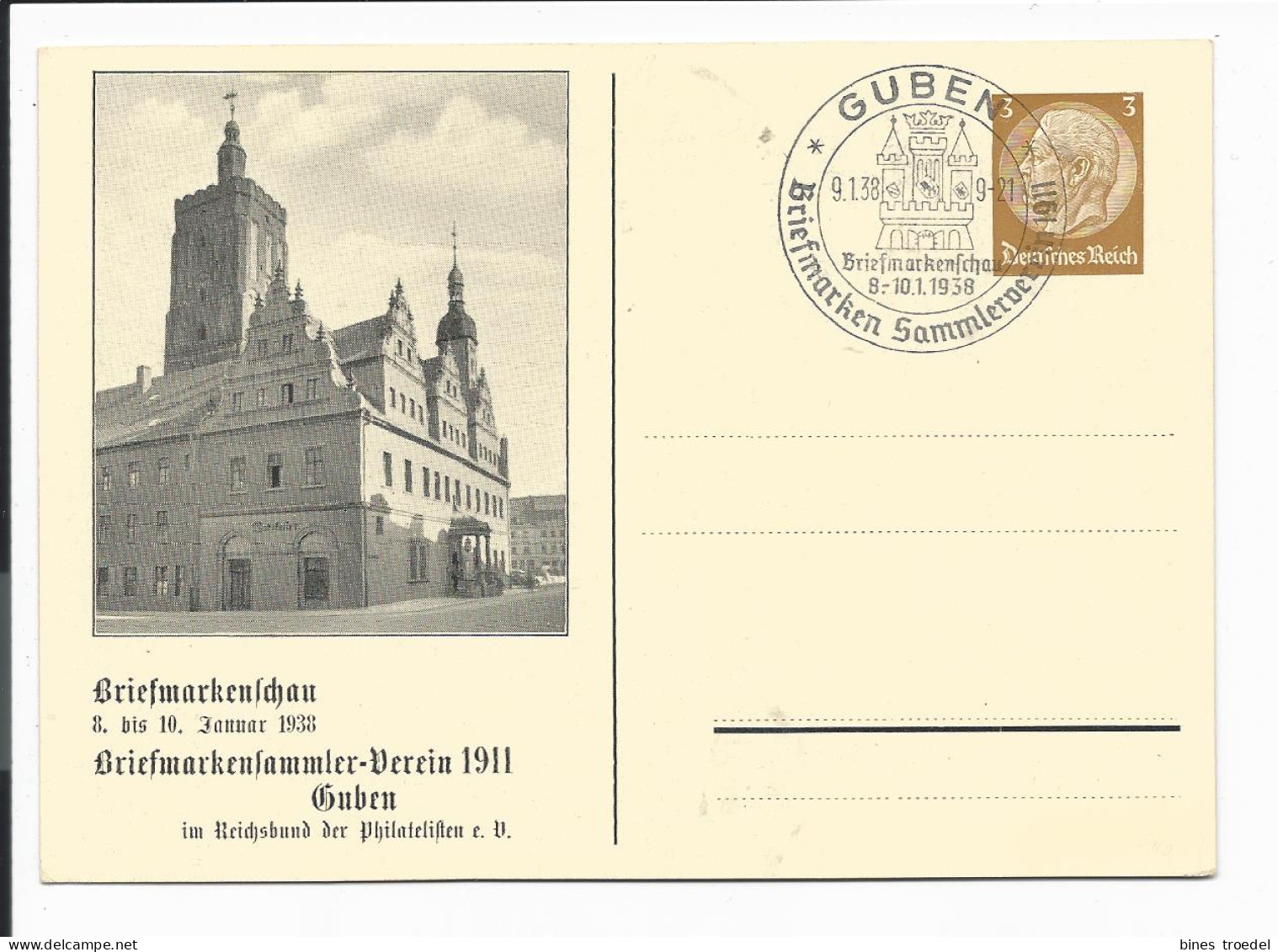 DR PP 122 C 74 -  3 Pf  Hindenburg Med. Guben, Briefmarkenschau 1938 M. Blanko SST - Privat-Ganzsachen