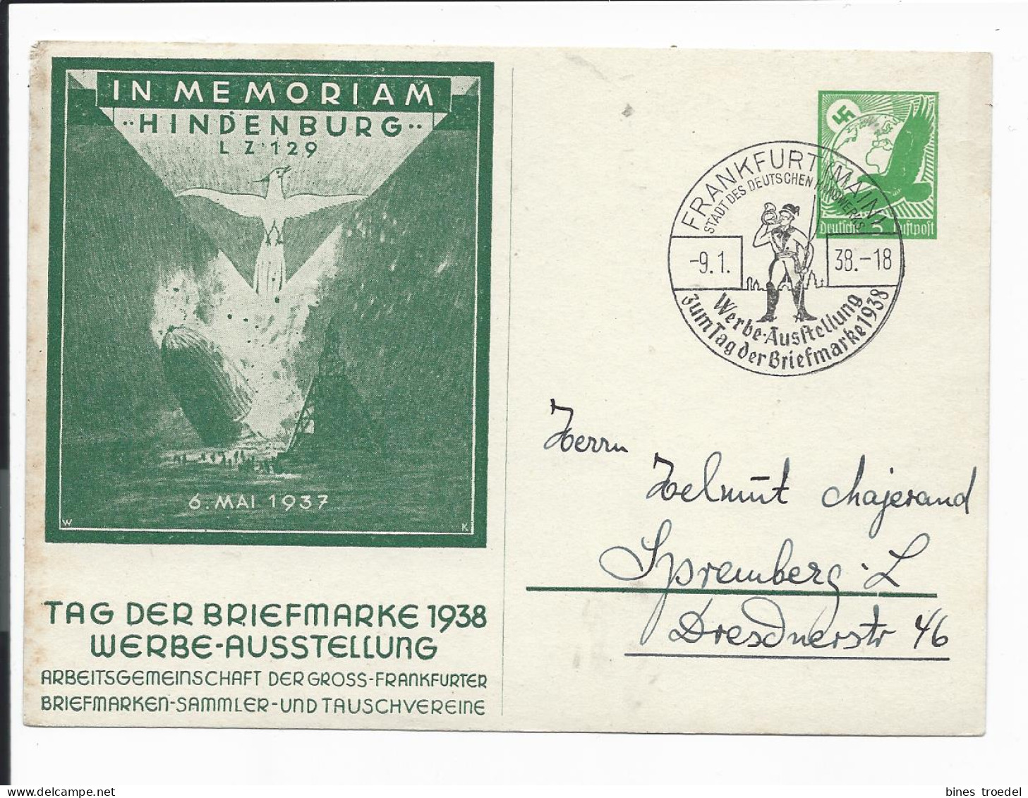 DR PP 142 C 23  -  5 Pf  LpAdler.Frankfurt A.M., Tag D. Bfm 1938 In Memoriam LZ 129 Hindenburg, M. SST Adress. - Private Postwaardestukken