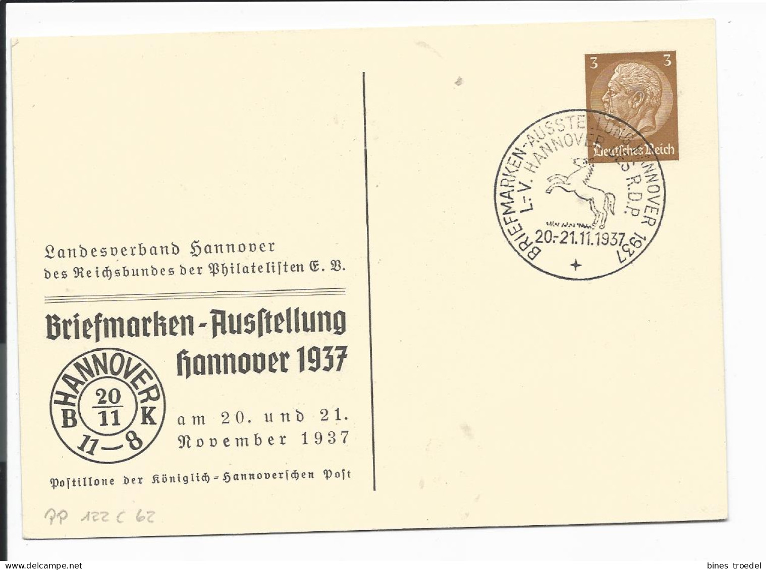 DR PP 122 C 62 -  3 Pf  Hindenburg Med. Hannover, Briefmarken-Ausstellung 1937 M. Blanko SST - Private Postwaardestukken