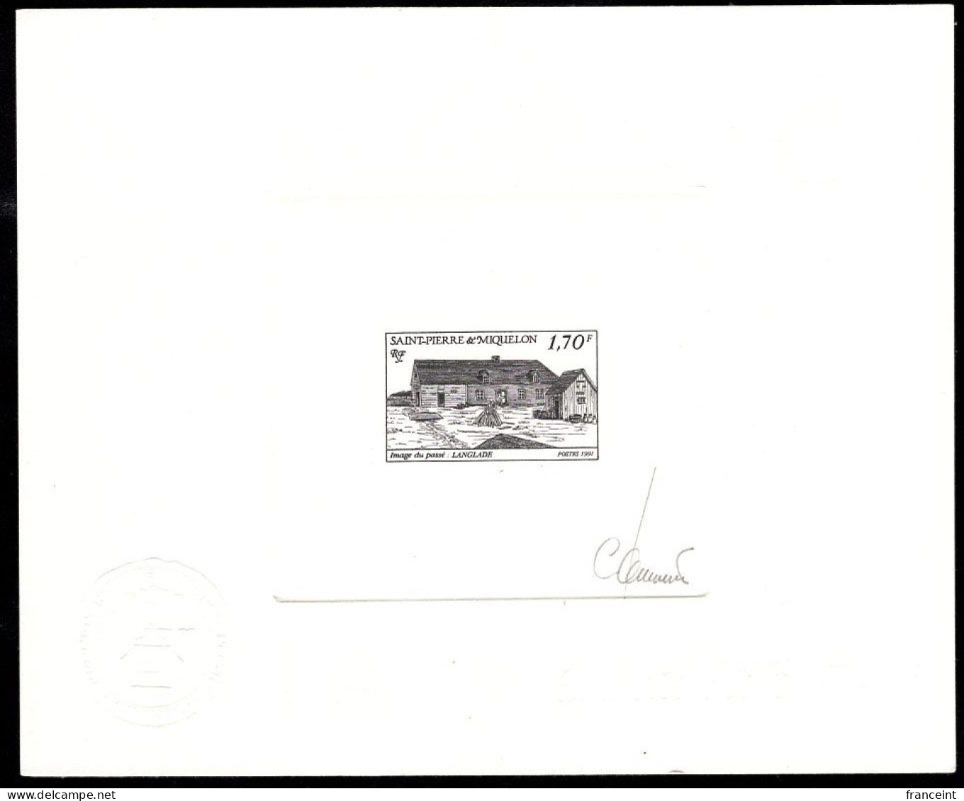 ST. PIERRE & MIQUELON(1991) Langlade.  Die Proof In Black Signed By The Engraver JUMELET. Scott No 563, Yvert No 538. - Imperforates, Proofs & Errors