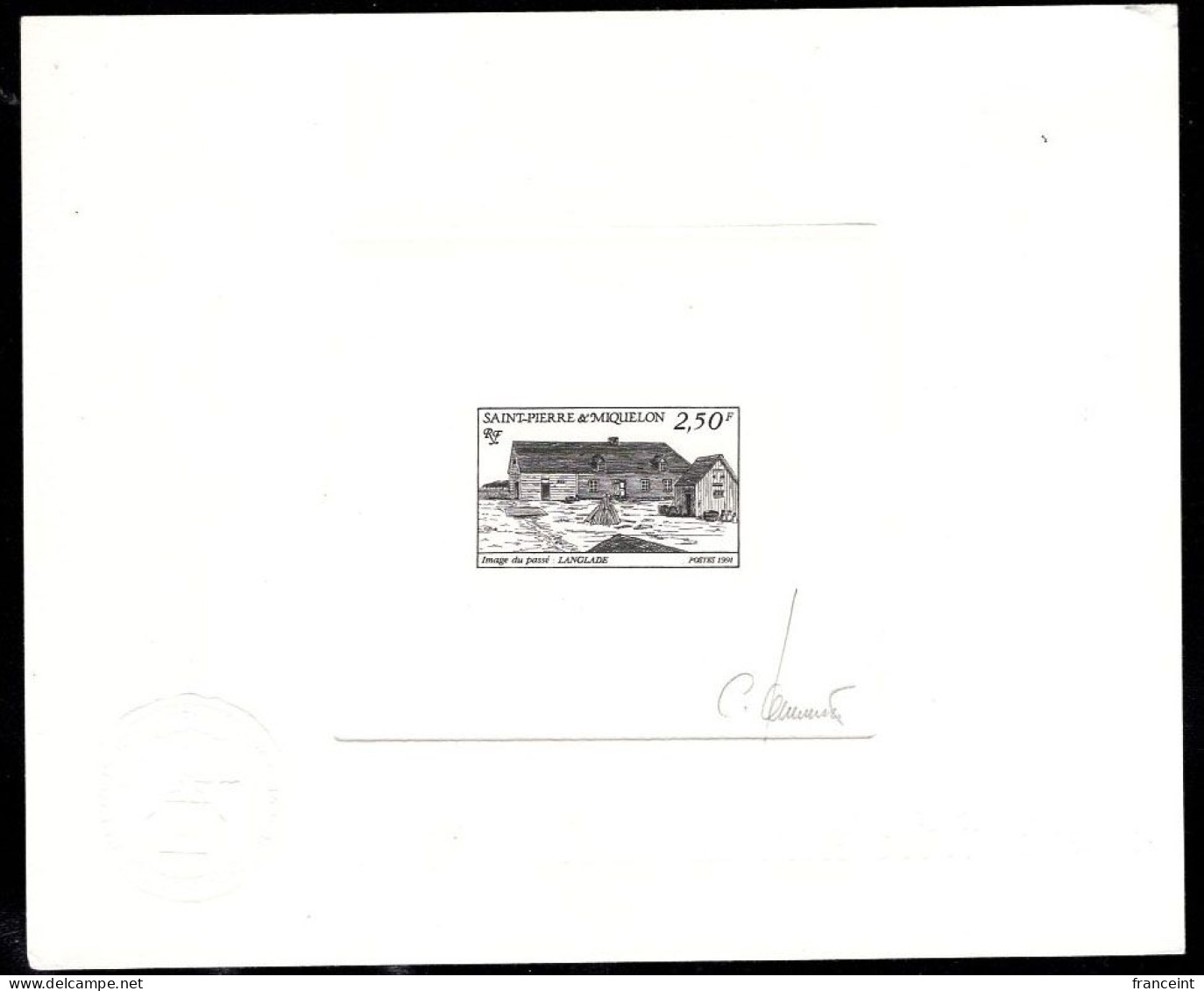 ST. PIERRE & MIQUELON(1991) Langlade.  Die Proof In Black Signed By The Engraver JUMELET. Scott No 567, Yvert No 542. - Imperforates, Proofs & Errors