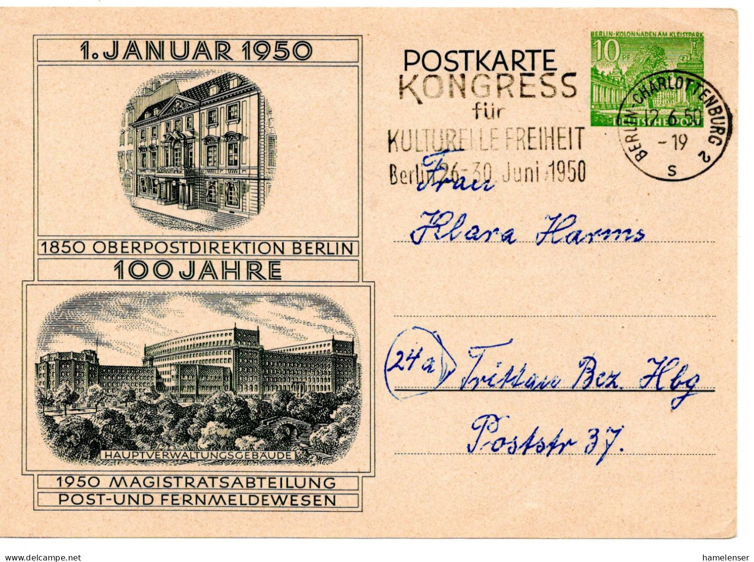 61397 - Berlin - 1950 - 10Pfg Bauten GASoKte "100 Jahre OPD Berlin" BERLIN - ... KULTURELLE FREIHEIT -> Trittau - Briefe U. Dokumente