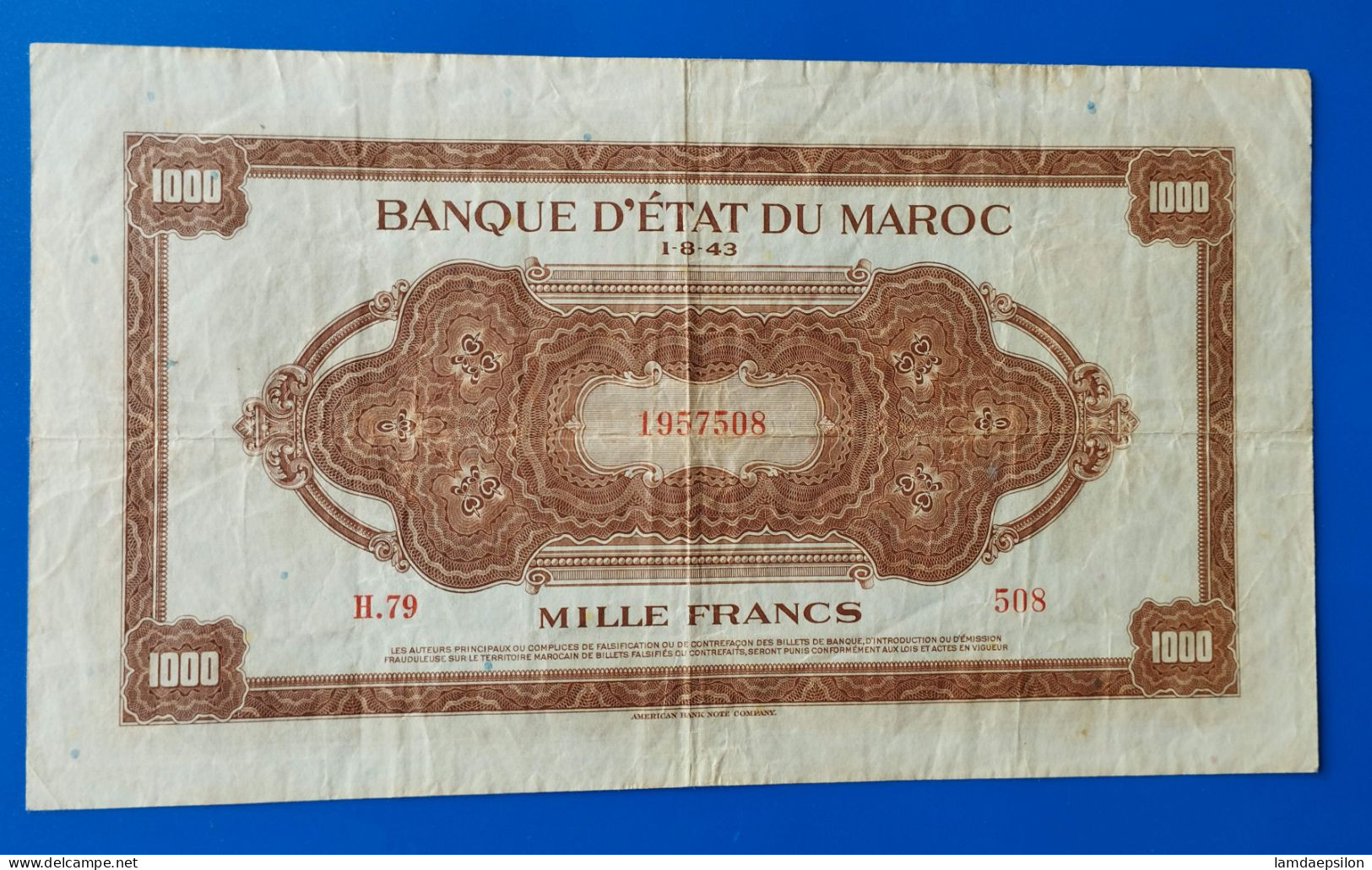 MAROC MOROCCO MARRUECOS MAROKKO BANQUE D'ETAT 1000 FRANC 1943 - Maroc