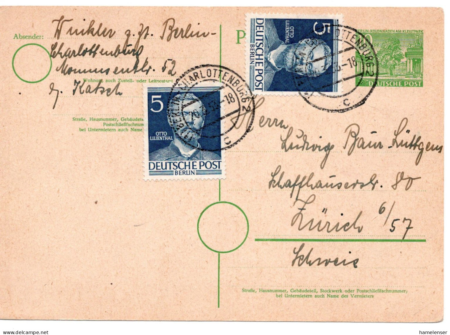 61400 - Berlin - 1953 - 10Pfg Bauten GAKte M ZusFrankatur BERLIN -> Schweiz - Storia Postale