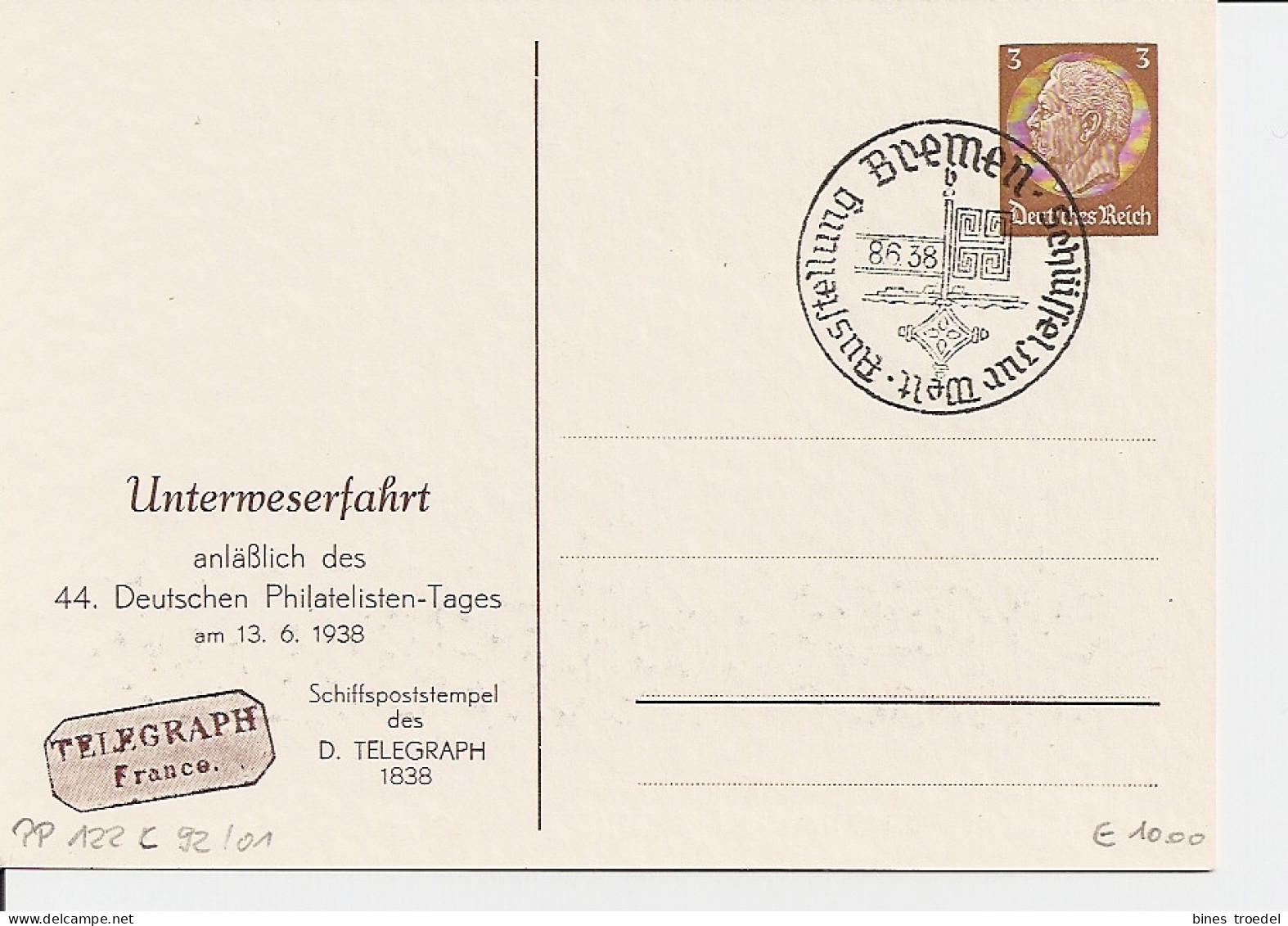 DR PP 122 C 92-01 - 3 Pf Hindenburg Med. Bremen Unterweserfahrt Blaugrau M. Bl. Sonderstempel Schlüssel Zur Welt - Private Postal Stationery
