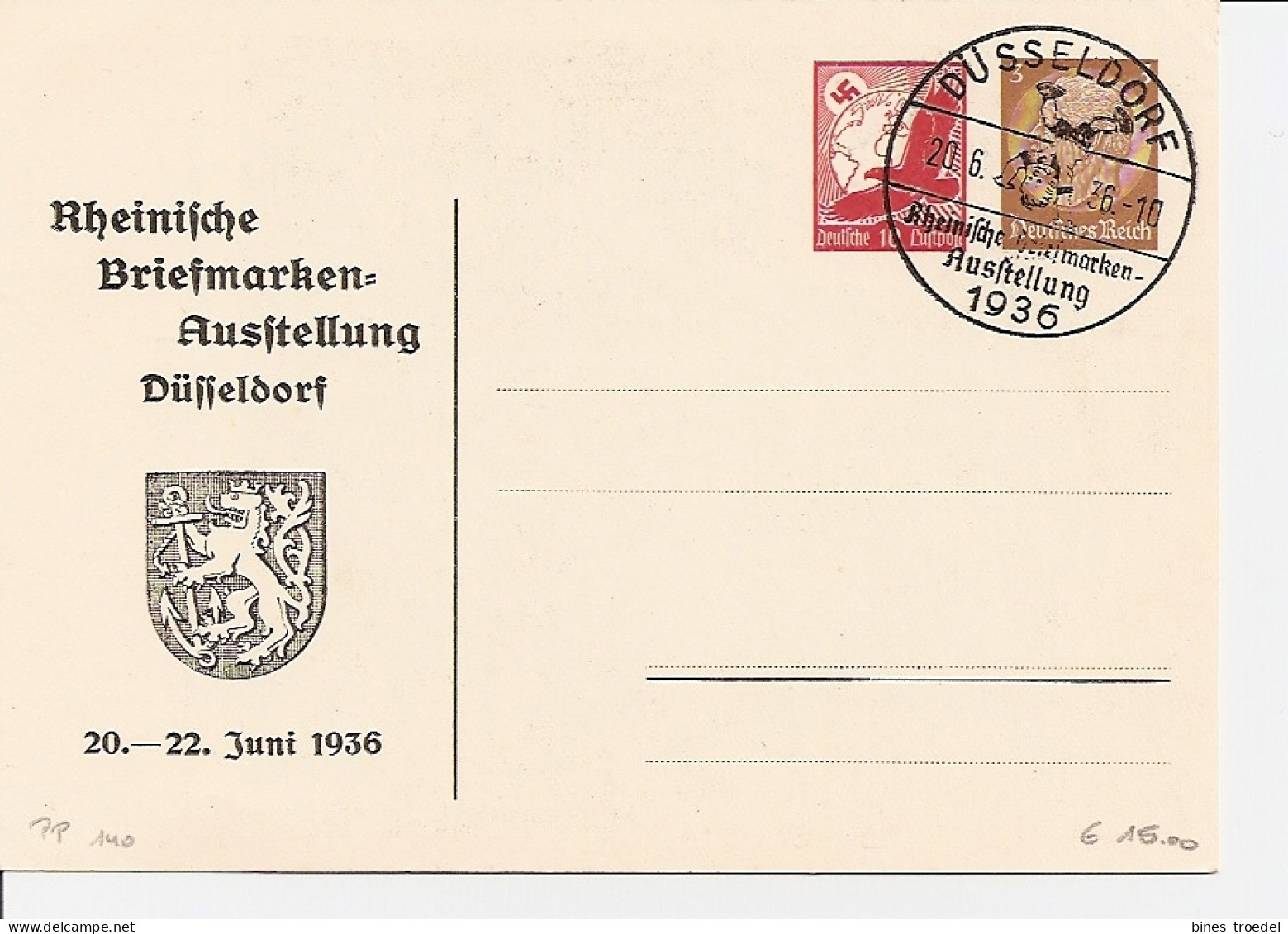 DR PP 140 C 1  - 10 Pf Luftpost Neb 5 Pf Hindenb. Med. Rhein. Bfm-Ausstellung M. Bl. Sonderstempel Düsseldorf - Private Postal Stationery