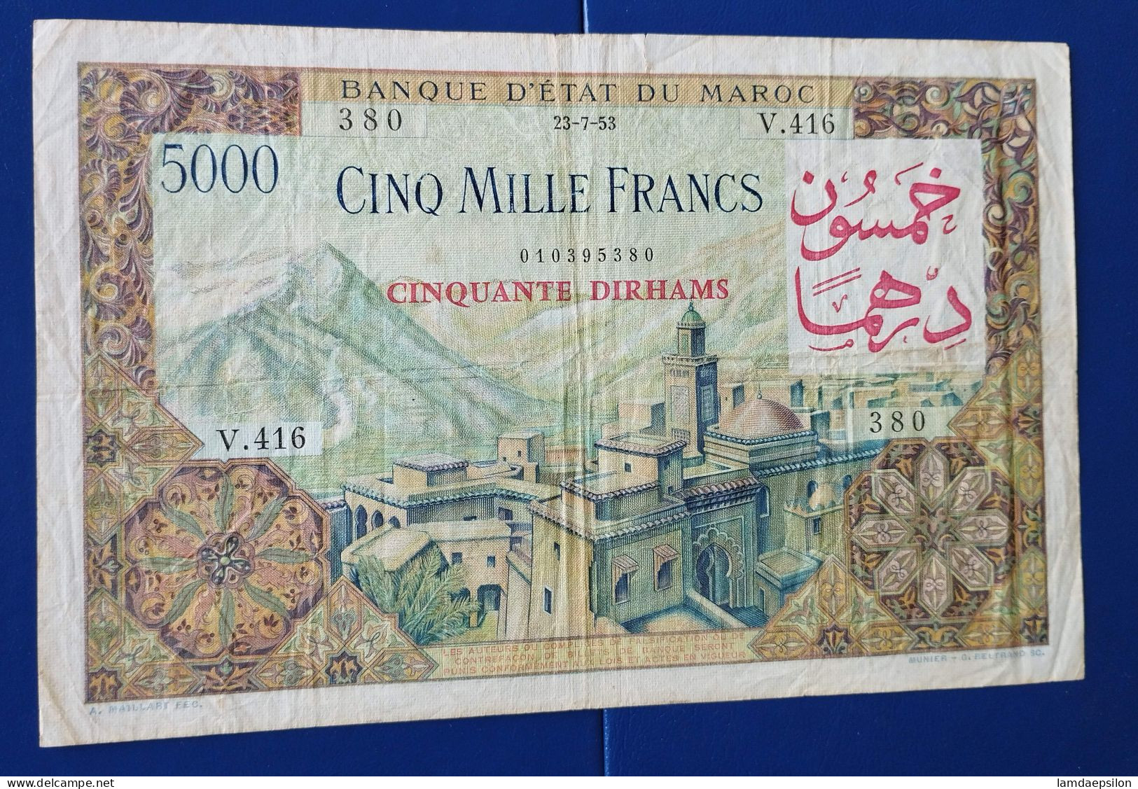 MAROC MOROCCO MARRUECOS MAROKKO BANQUE D'ETAT 5000 FRANCS /50 DIRHAM 1953 - Morocco