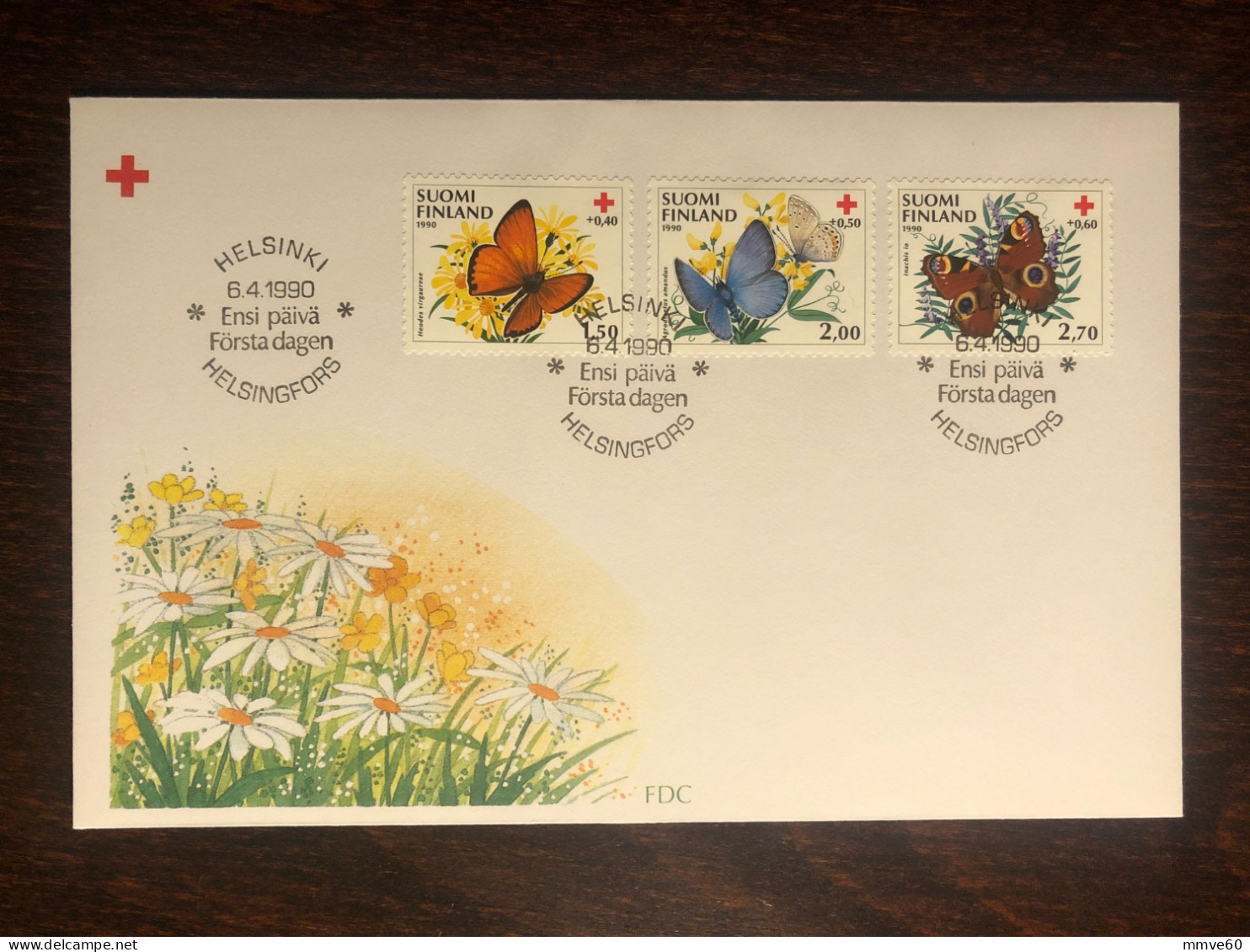 FINLAND FDC 1990 YEAR  RED CROSS BUTTERFLY FAUNA HEALTH MEDICINE - Lettres & Documents