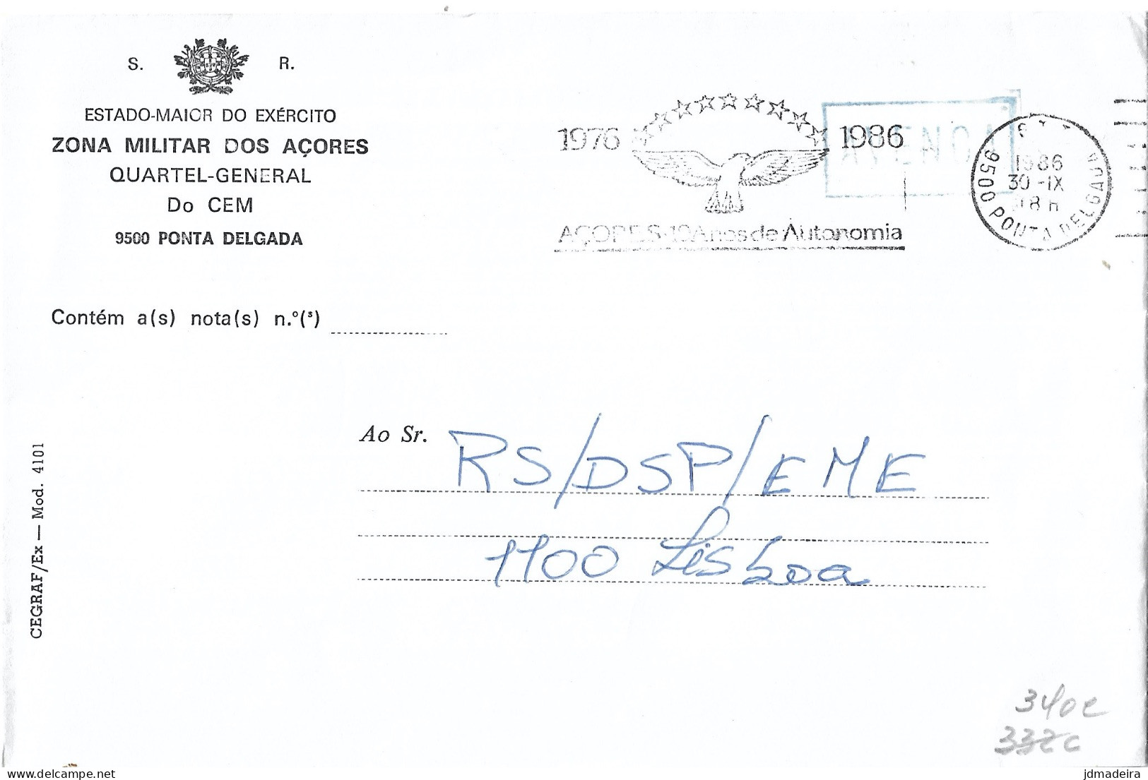 Portugal Military Cover AÇORES 10 ANOS DE AUTONOMIA Slogan Cancel - Briefe U. Dokumente