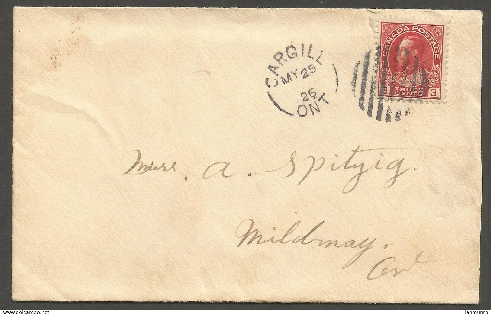 1926 Cover 3c Admiral Split Ring Cargill Ontario To Mildmay W/ Receiver - Postgeschiedenis