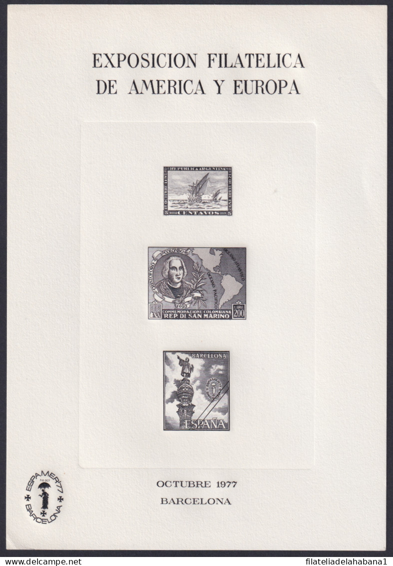 F-EX45013 ESPAÑA SPAIN 1977 SHEET ESPAMER DISCOVERY COLUMBUS BLACK PROOF.  - Cristóbal Colón