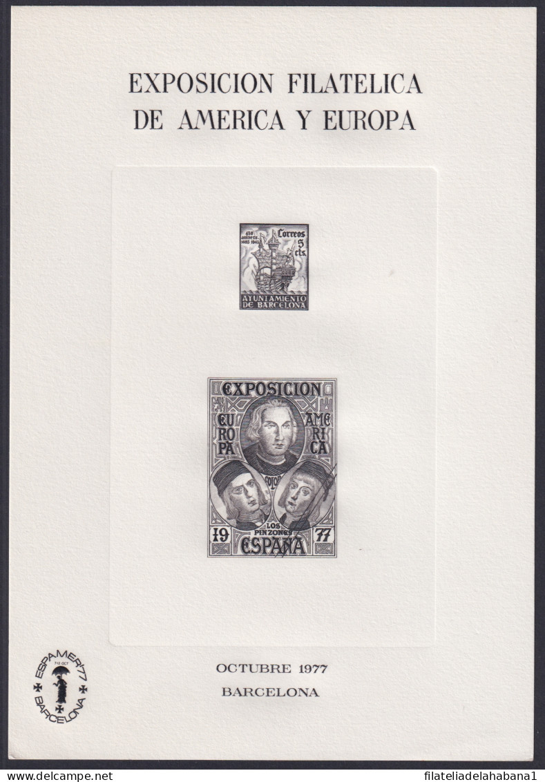 F-EX45013 ESPAÑA SPAIN 1977 SHEET ESPAMER DISCOVERY COLUMBUS BLACK PROOF.  - Cristoforo Colombo