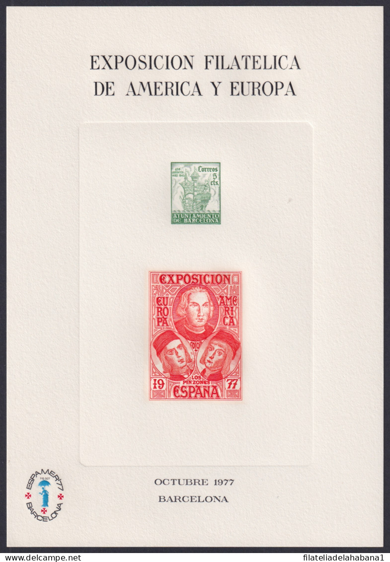 F-EX45014 ESPAÑA SPAIN 1977 SHEET ESPAMER DISCOVERY COLUMBUS SHEET PROOF.  - Christophe Colomb