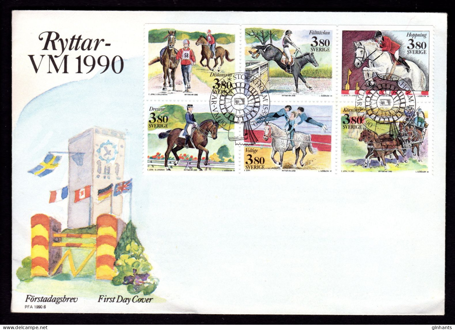 SWEDEN - 1990 HORSES EQUESTRIAN GAMES OFFICIAL FDC FINE SG 1515-1520 - Covers & Documents