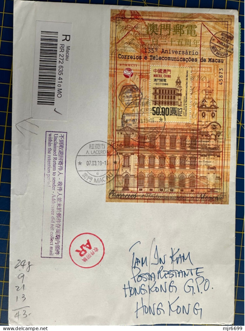 2019, 135 ANN OF THE MACAU POST & TELECOMUNICATION SPECIAL S\S OF 50 PATACAS USED ON COVER TO HONG KONG - Lettres & Documents