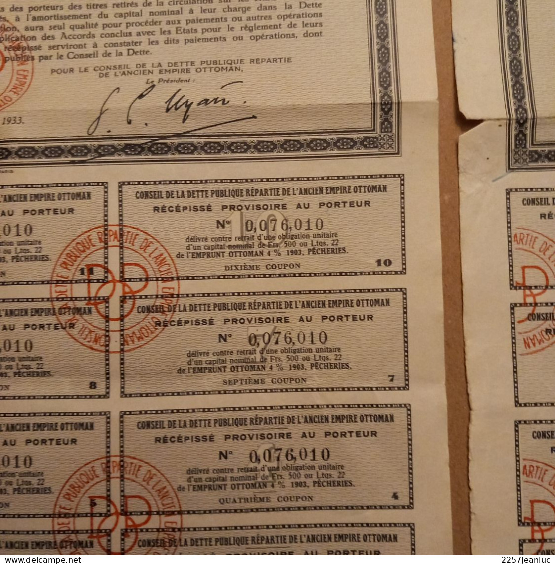 Bons Emprunt Ottoman 4 % 1903 Pêcheries De Dette Publique  Paris 1933 Avec 12 Coupons Au Porteur - Banque & Assurance