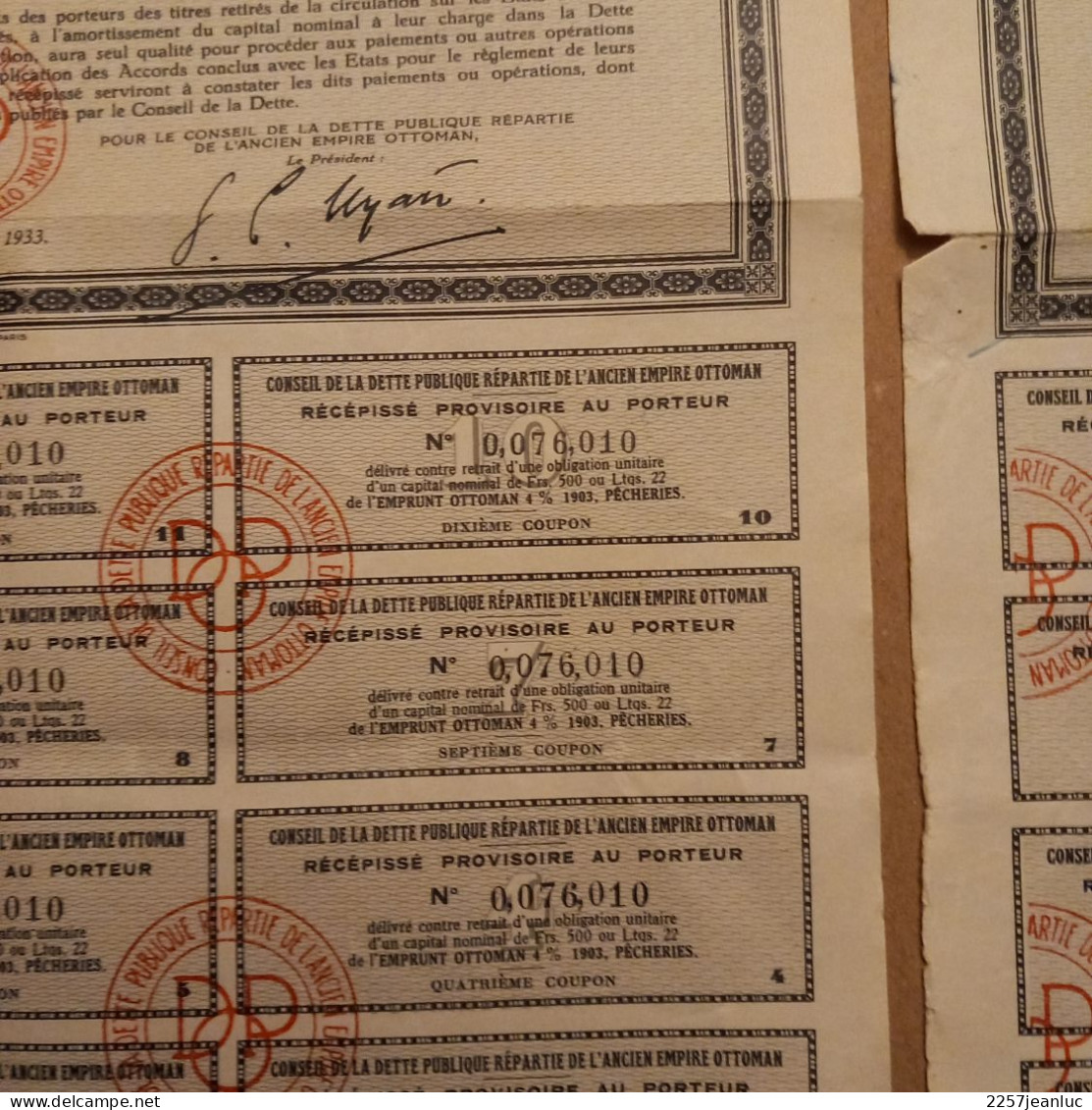 Bons Emprunt Ottoman 4 % 1903 Pêcheries De Dette Publique  Paris 1933 Avec 12 Coupons Au Porteur - Bank & Versicherung