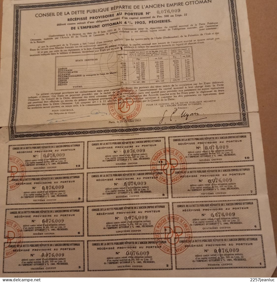 Bons Emprunt Ottoman 4 % 1903 Pêcheries De Dette Publique  Paris 1933 Avec 12 Coupons Au Porteur - Bank & Insurance