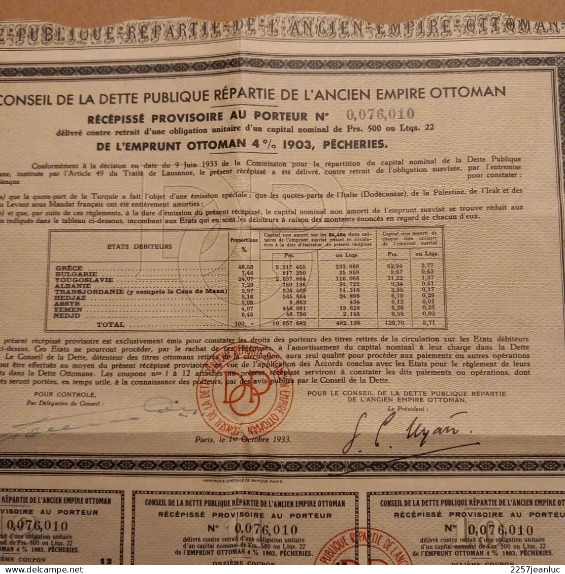 Bons Emprunt Ottoman 4 % 1903 Pêcheries De Dette Publique  Paris 1933 Avec 12 Coupons Au Porteur - Banque & Assurance