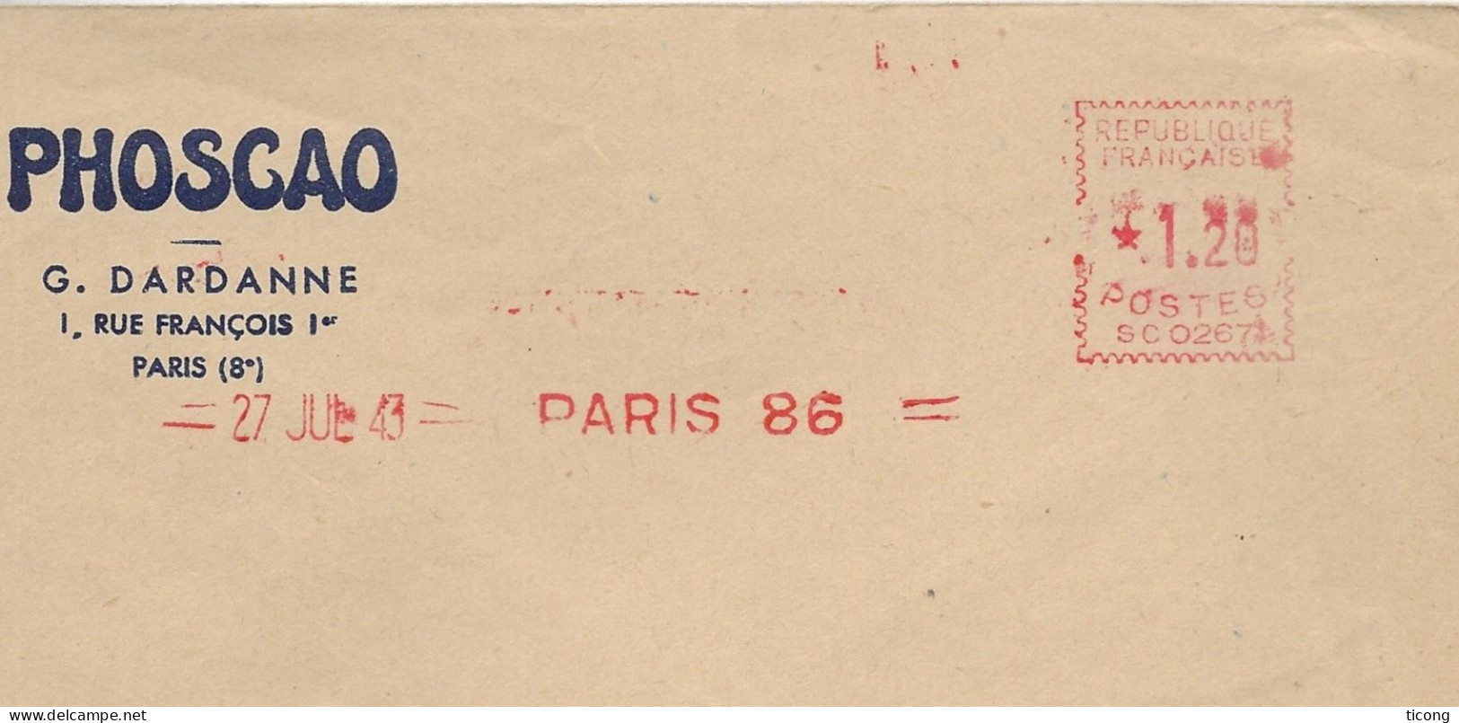 LETTRE A ENTETE PHOSCAO RUE FRANCOIS 1ER PARIS - EMA DE  1943 - VOIR LE SCANNER - Máquinas Franqueo (EMA)