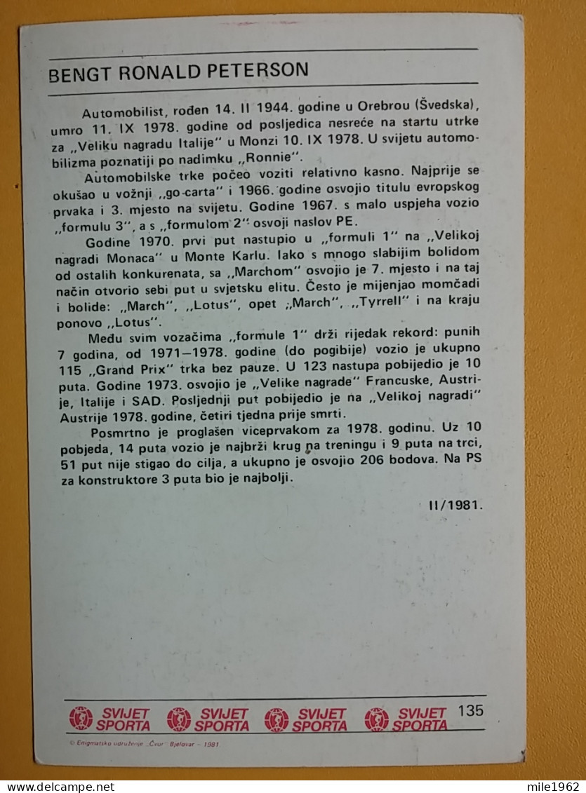 Kov 17-37 - Famous People, Des Personnes Célèbres, BENGT RONALD RONNIE PETERSON,  CARD, AUTO RALLY - Personalità Sportive