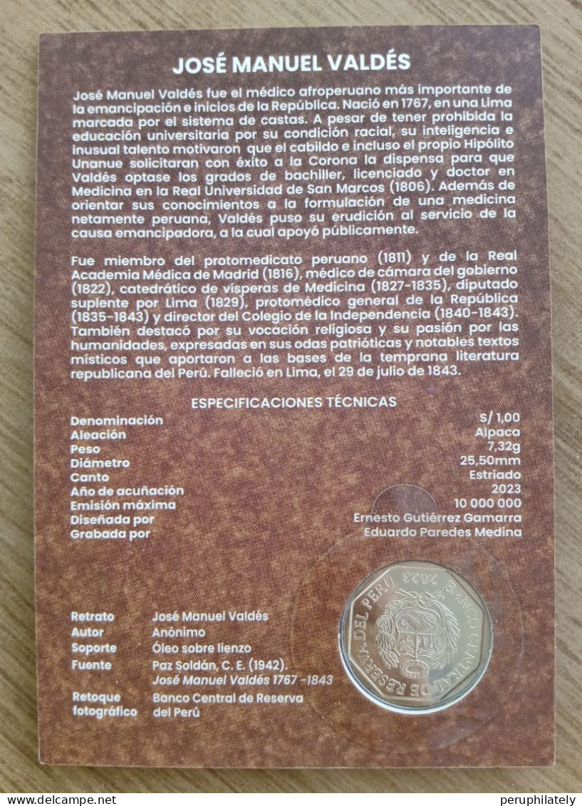 PERU 2023 , BICENTENARY , JOSE MANUEL VALDES , COIN ON CARD , MINT - Peru