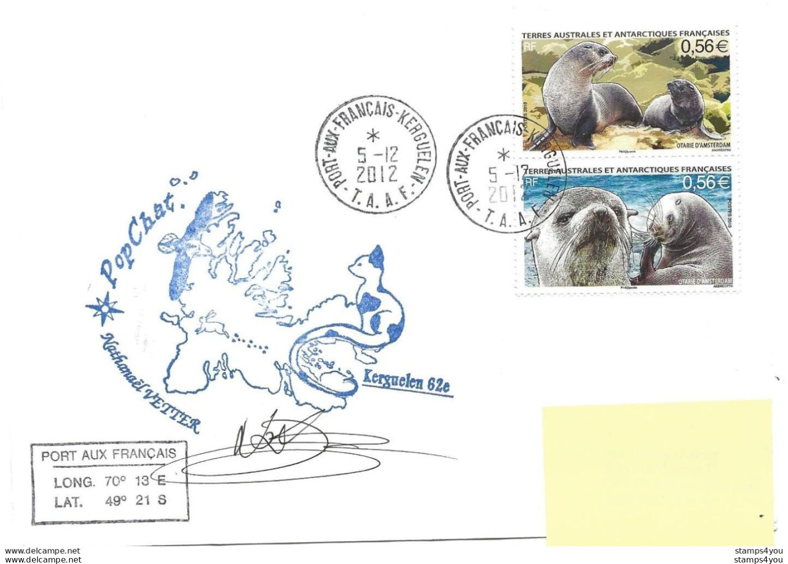 255 - 79 - Enveloppe TAAF Kerguelen Cachet Popchat 2012 - Otros & Sin Clasificación