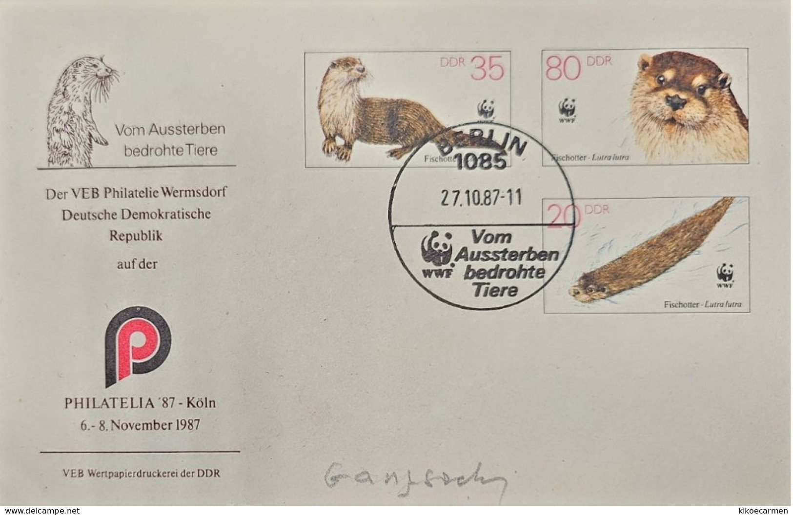 OTTER Endangered Animals DDR Postal Stationery Vom LONTRA Aussterben Bedrohte Tiere WWF Berlin 1987 Annullo Cancel - Sonstige & Ohne Zuordnung