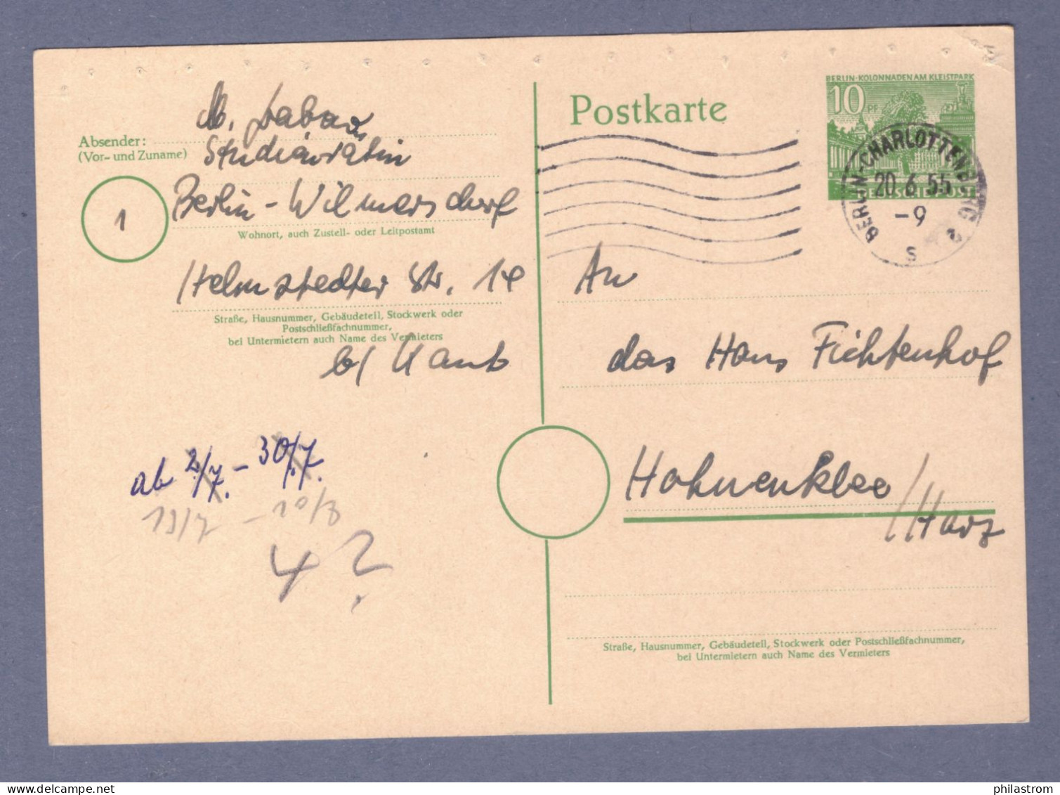 West Berlin  - Ganzsache Postkarte P19 I - Berlin-Charlottenburg 20.6.55 --> Hahnenklee / Harz (3198AGH-060) - Postcards - Used