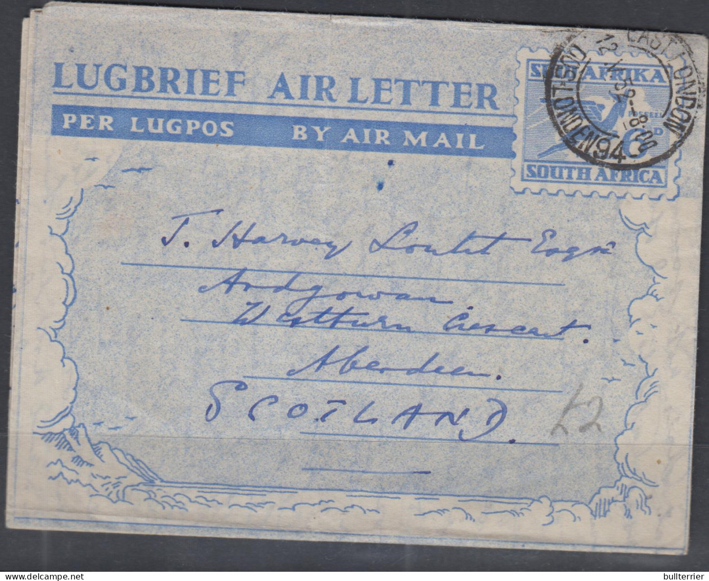 AIRMAILS - SOUTH AFRICA- 1952- AIRLETTER TOBERDEEN , SCOTLAND - Airmail