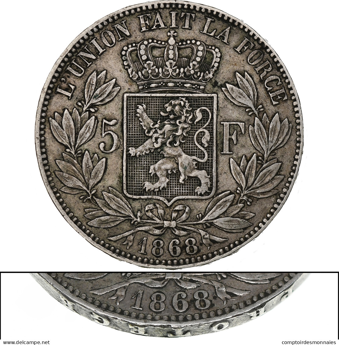 Belgique, Leopold II, 5 Francs, 5 Frank, 1868, Bruxelles, Tranche B, Argent - 5 Frank