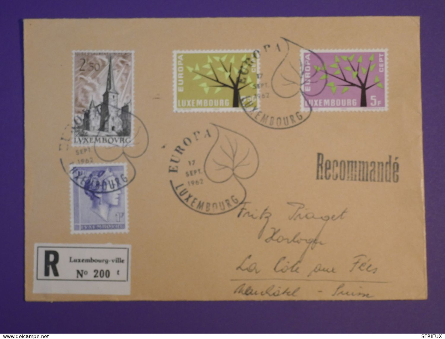 DF21 LUXEMBOURG  BELLE  LETTRE RECOM.   1962   A NEUCHATEL SUISSE +EUROPA + AFF. INTERESSANT++++ - Covers & Documents