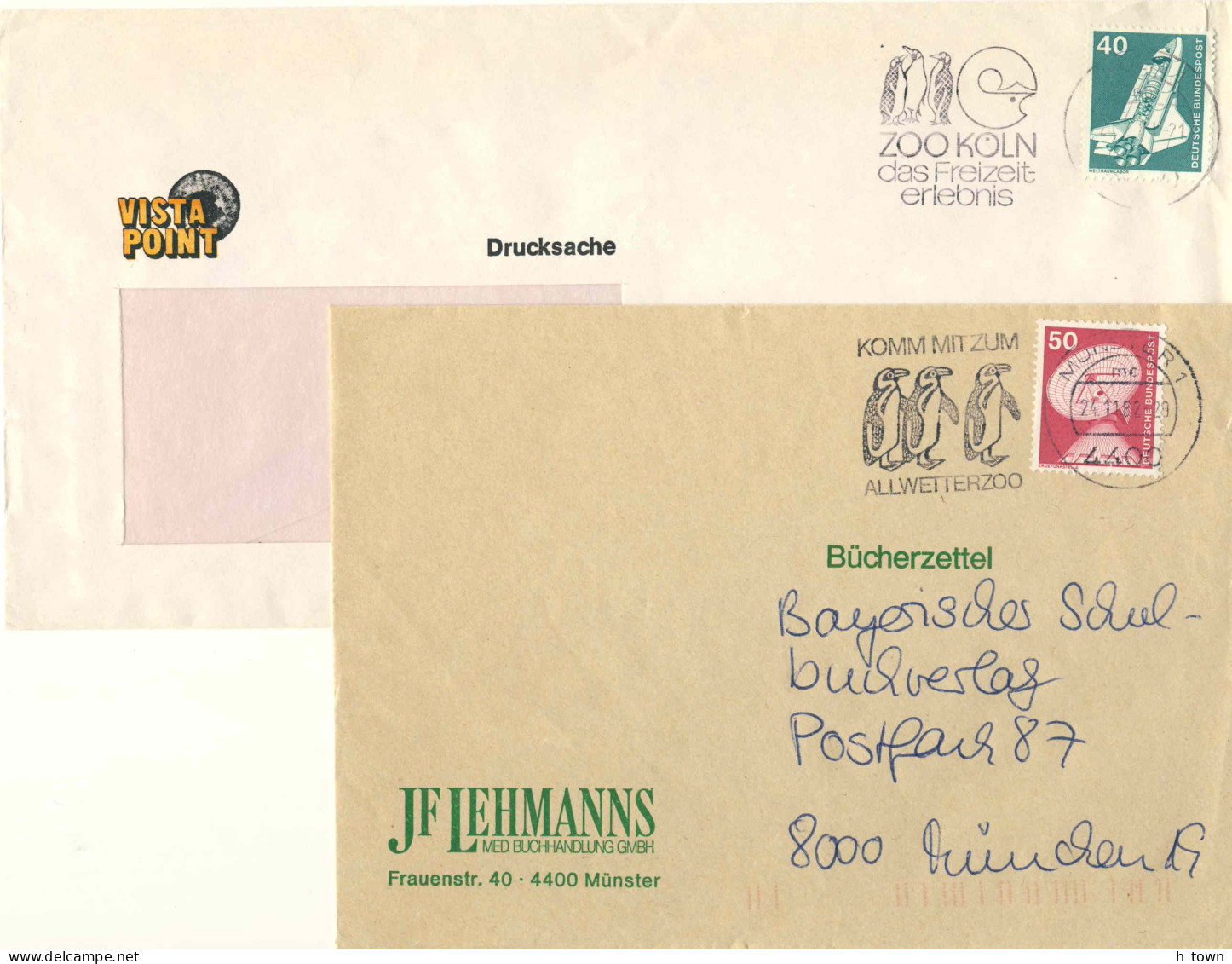 954  Manchot Pingouin, Zoo: 2 Flammes D'Allemagne, 198x - Penguin Slogan Cancels From Germany - Pinguïns & Vetganzen