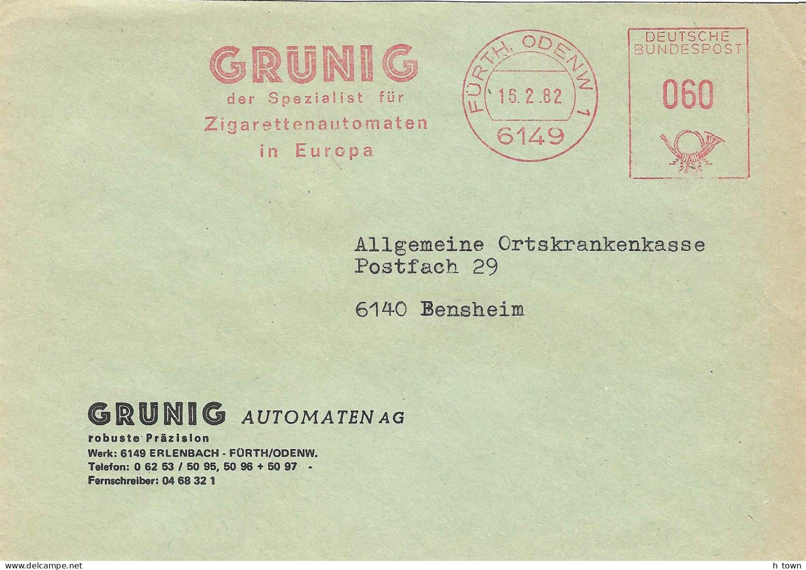125  Tabac: Ema D'Allemagne, 1982 - Tobacco, Cigarette Automats: Meter Stamp From Germany. Grunig Erlenbach Fürth/Odenw - Drugs
