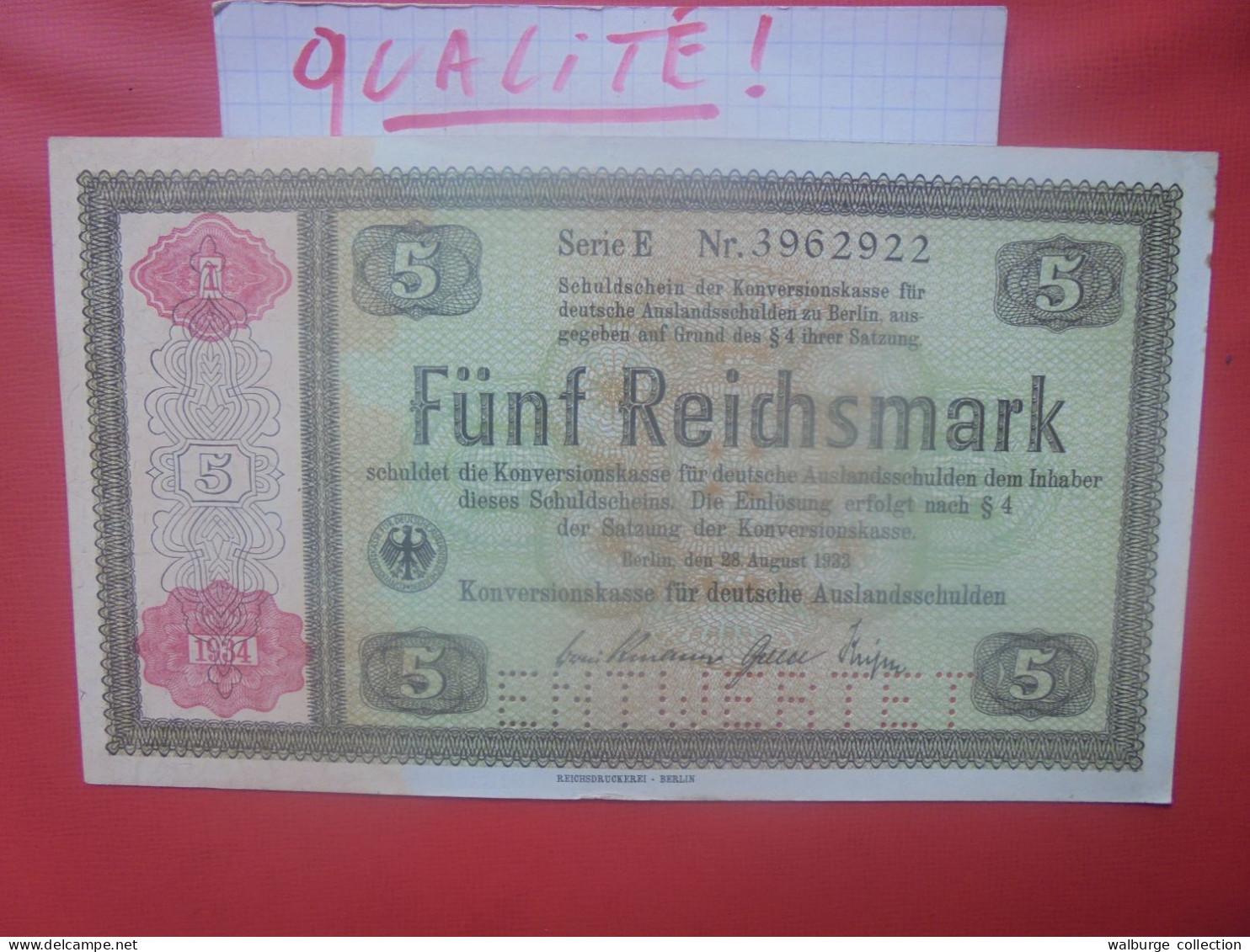 3eme REICH (KONVERSIONKASSE) 5 REICHSMARK 28-8-1933/1934 "ENTWERTET -DEVALUE" Peu Circuler BELLE QUALITE (ALL.1) - 5 Reichsmark