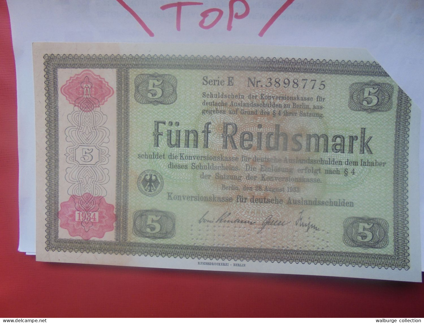 3eme REICH (KONVERSIONKASSE) 5 REICHSMARK 28-8-1933/1934 "ENTWERTET -DEVALUE" Neuf (ALL.1) - 10 Reichsmark