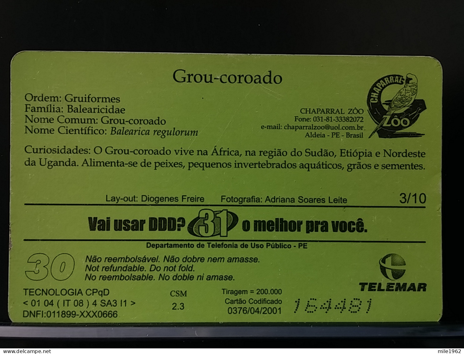 T-317 - BRASIL , BRAZIL TELECARD, PHONECARD, BIRD, OISEAU,  - Brésil