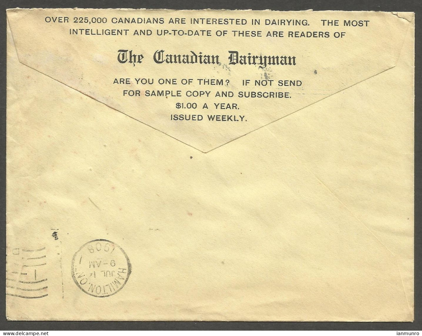 1908 Canadian Dairyman 2-Side Advertising Cover 2c Edward CDS Peterborough Ontario - Histoire Postale