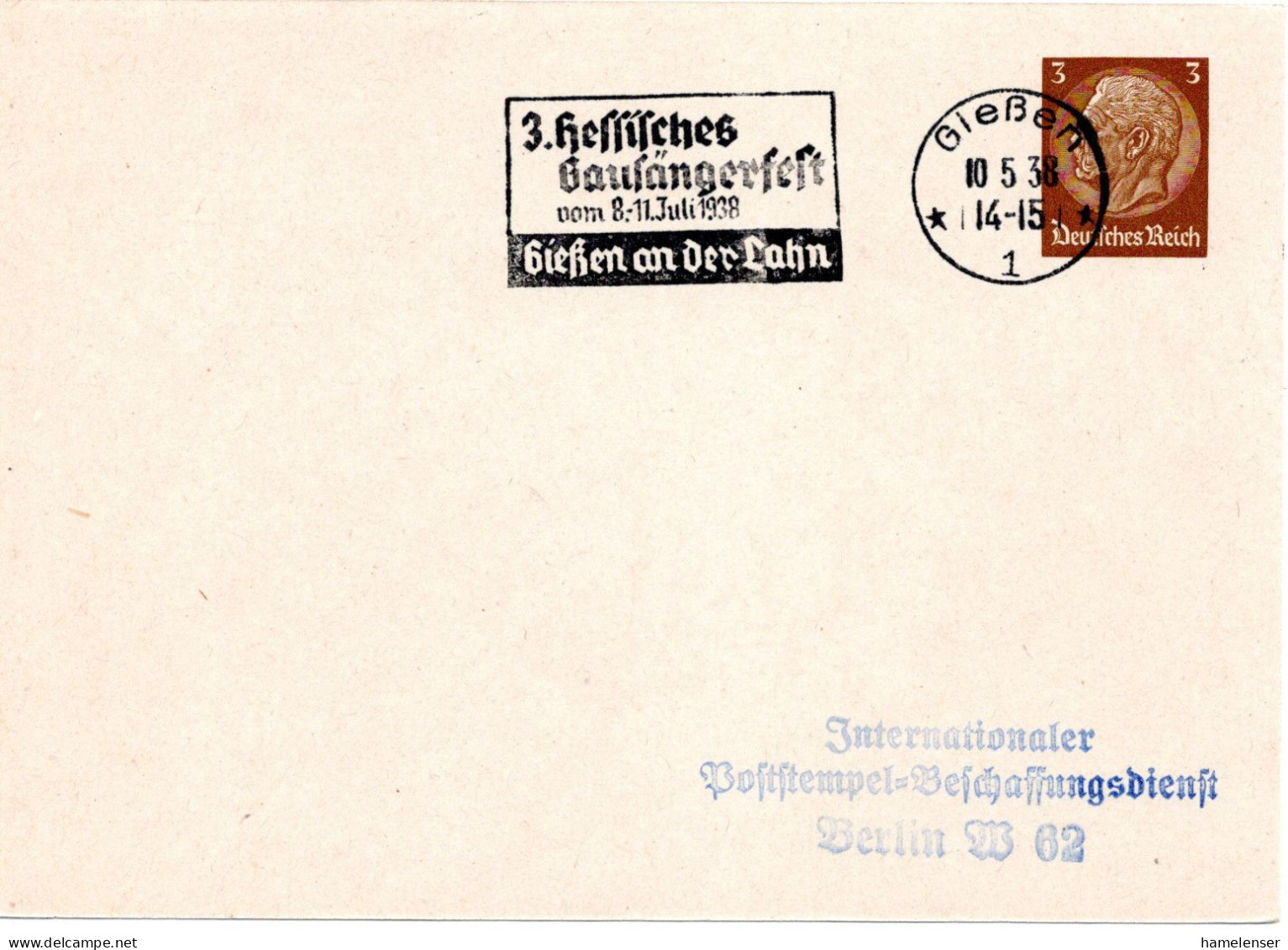 61604 - Deutsches Reich - 1938 - 3Pfg Hindenburg PGAKte GIESSEN - 3.HESSISCHES GAUSAENGERFEST ... -> Berlin - Music