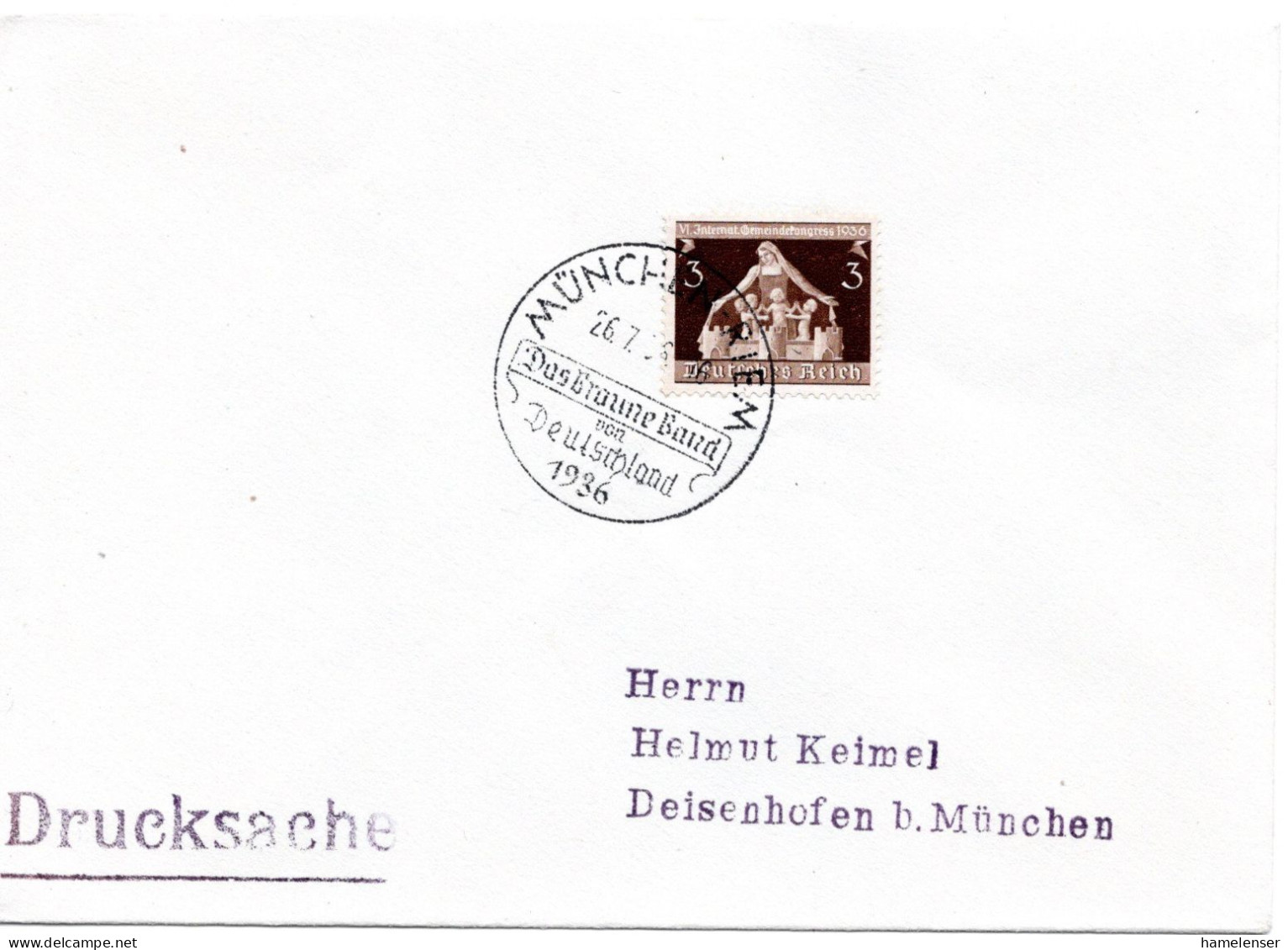 61615 - Deutsches Reich - 1936 - 3Pfg Gemeindekongress EF A DrucksBf SoStpl MUENCHEN - DAS BRAUNE BAND .. -> Deisenhofen - Horses