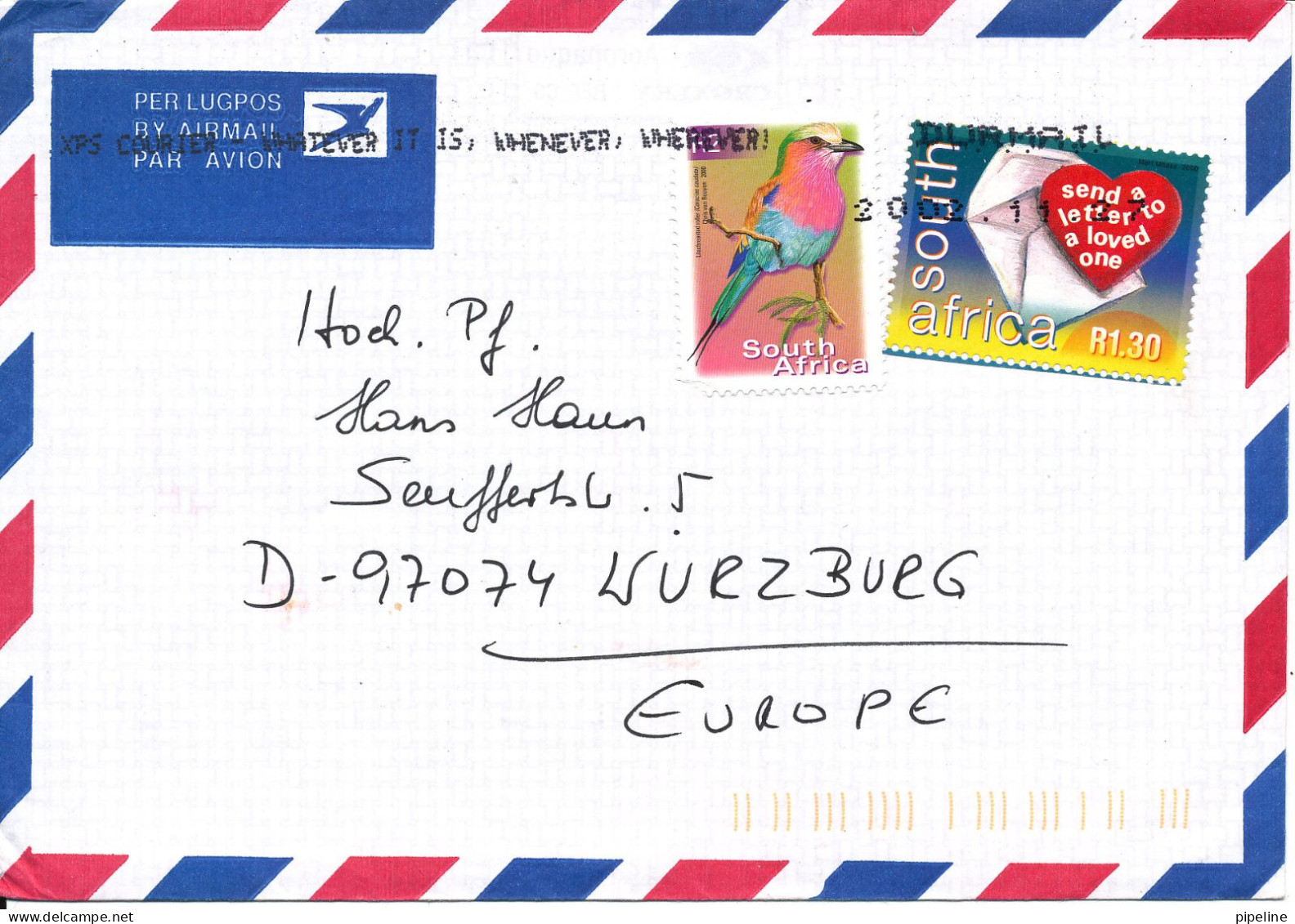 South Africa Air Mail Cover Sent To Germany Durmail 27-11-2002 (the Bird Stamp Is Damaged) - Airmail