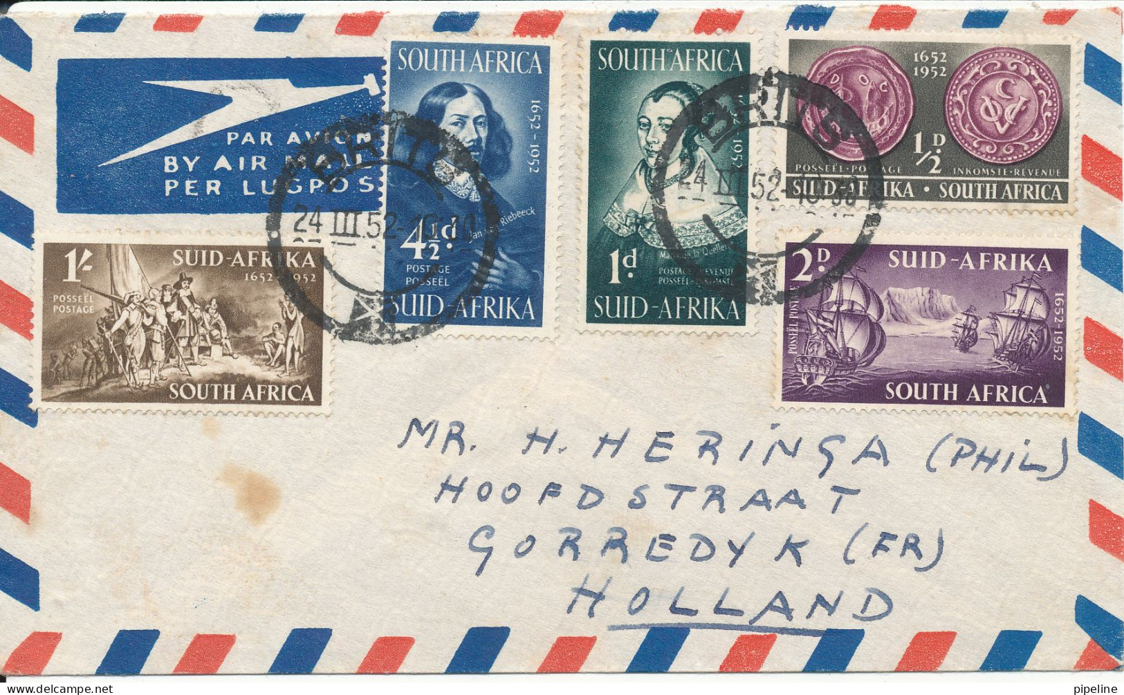 South Africa Air Mail Cover With Complete Set 300th Anniversary Foundation Of 1st Colony Sent To Germany - Luchtpost