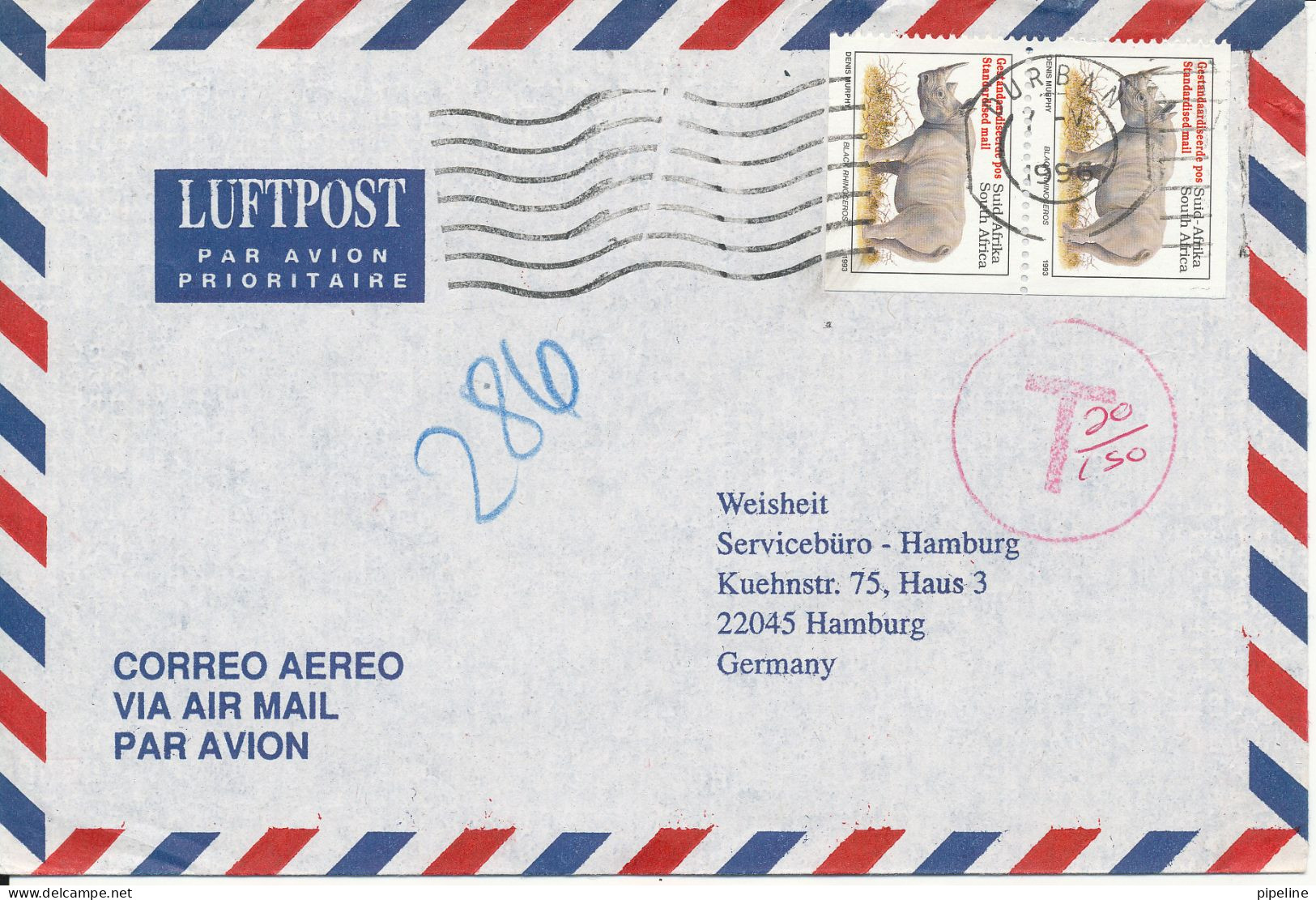 South Africa Underpaid Air Mail Cover With Postal Due T. Sent To Germany 1996 RHINOCEROS - Poste Aérienne