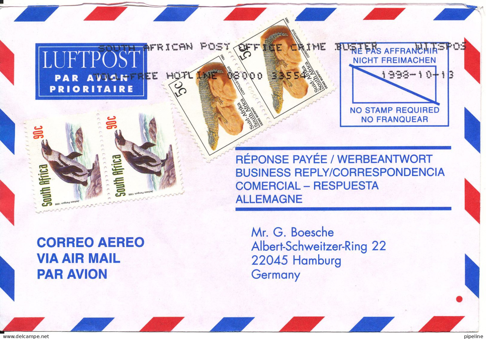 South Africa Air Mail Cover Sent To Germany 13-10-1998 Topic Stamps - Luftpost