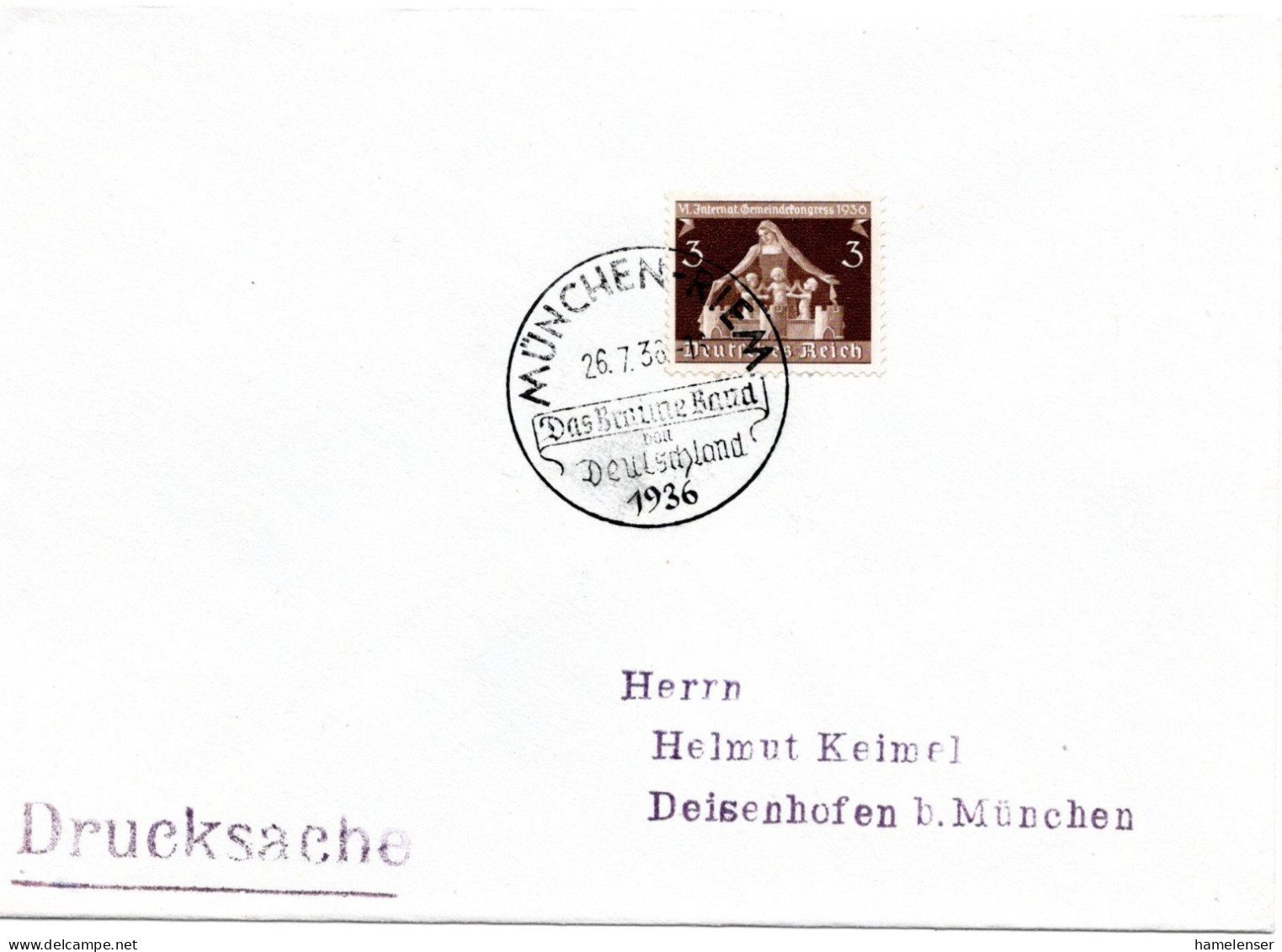 61631 - Deutsches Reich - 1936 - 3Pfg Gemeindekongress EF A DrucksBf SoStpl MUENCHEN - DAS BRAUNE BAND .. -> Deisenhofen - Hípica