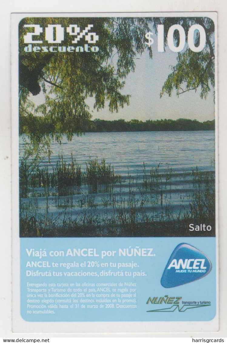 URUGUAY - Nuñez Turismo 20% Descuento, Laguna De Salto With Sticker, 100 $ , ANCEL Maxi GSM Refill Card, Used - Uruguay