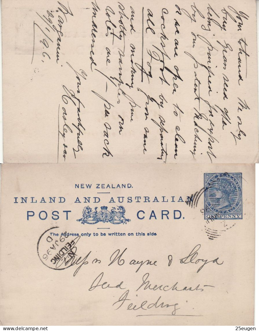 NEW ZEALAND 1896 POSTCARD SENT TO FIELDING - Cartas & Documentos