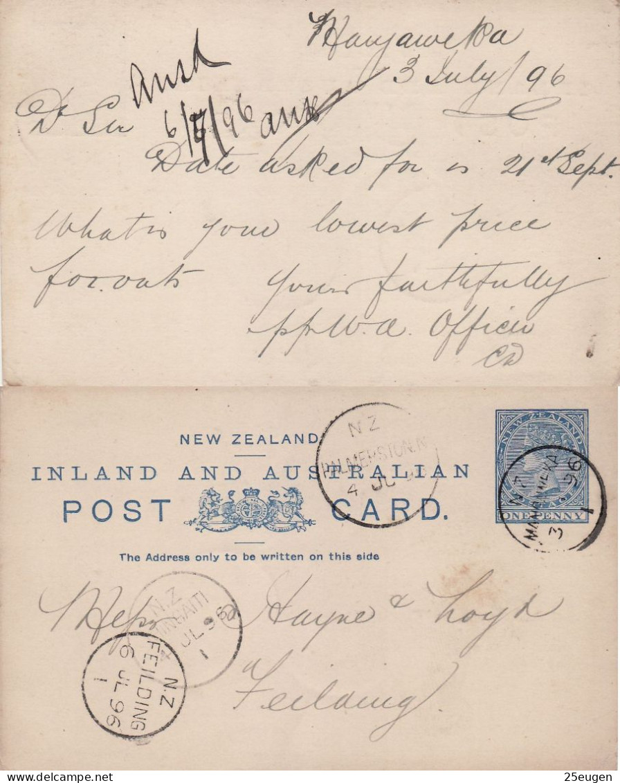 NEW ZEALAND 1896 POSTCARD SENT TO FIELDING - Cartas & Documentos