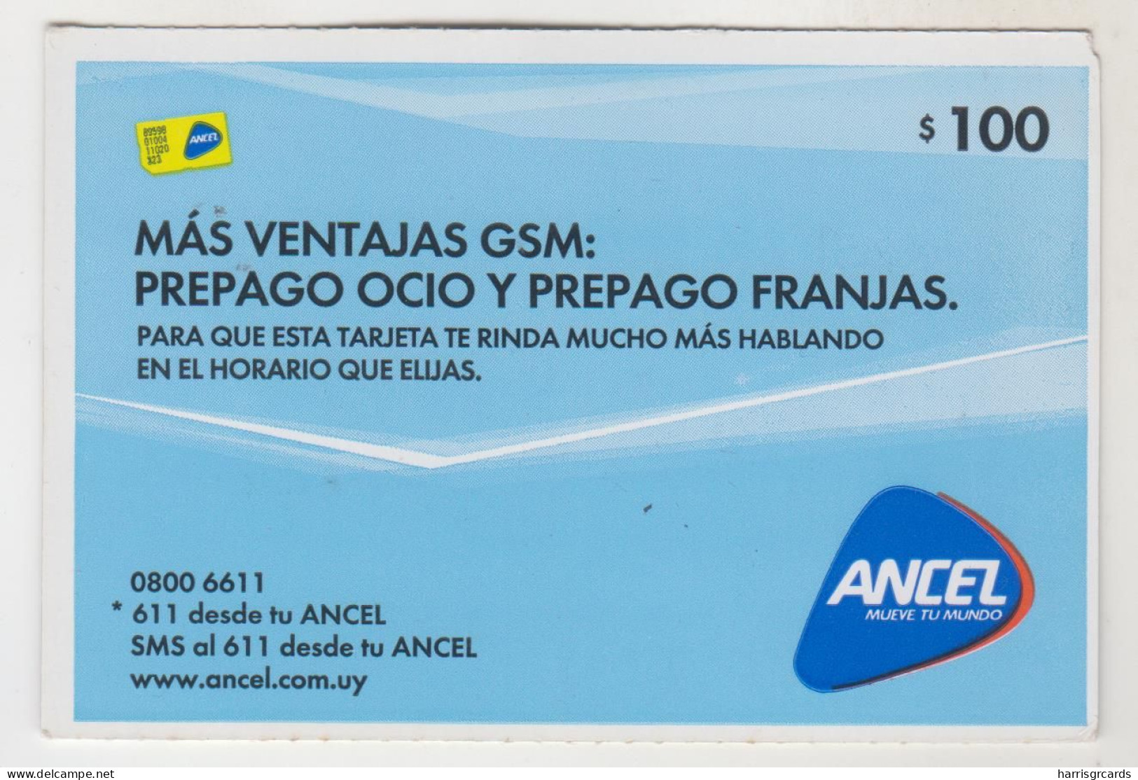 URUGUAY - Más Ventajas GSM, Light Blue , 100 $ , ANCEL Maxi GSM Refill Card, Used - Uruguay