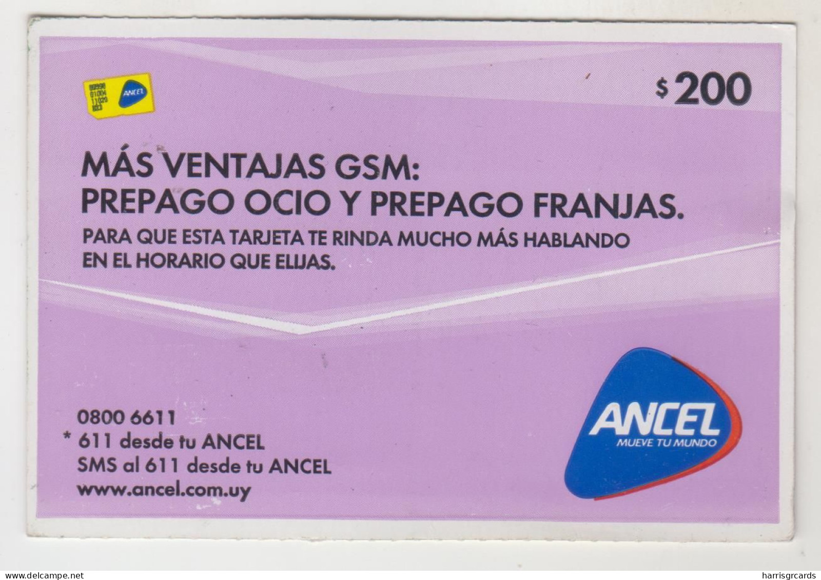 URUGUAY - Más Ventajas GSM, Pink , 200 $ , ANCEL Maxi GSM Refill Card, Used - Uruguay